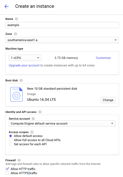 Exemplo de Criação de Instância com o Google Cloud Platform