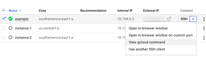 Exemplo de Comando gcloud para acesso à instância